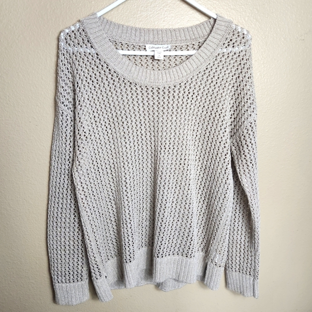 Coldwater Creek Wmns Beige Ramie Blend Crochet Open Knit Crewneck LS Sweater |M|